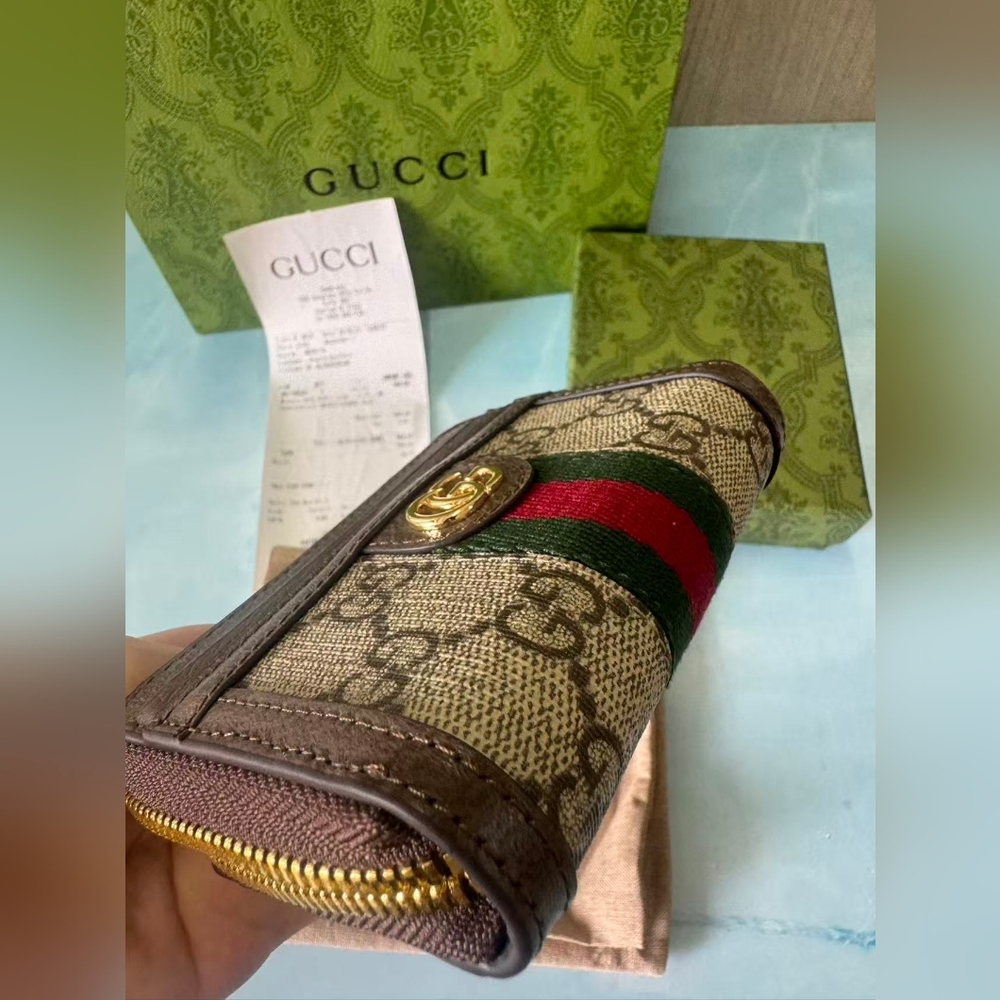 Gucci GG Canvas and Brown Leather Zip Card Holder - Beige/Brown/Green-Red - Picture 8 of 11